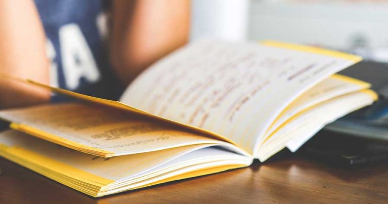 A girl reading school notes in a notebook