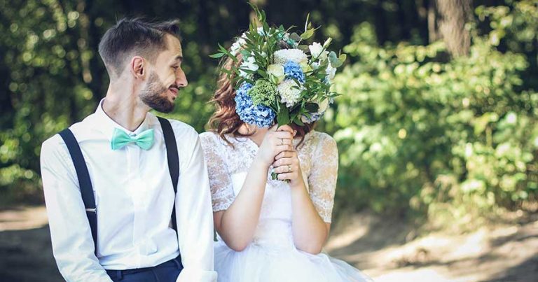 A bride and groom at their wedding