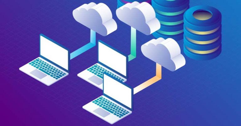A drawing of laptops plugged in to clouds