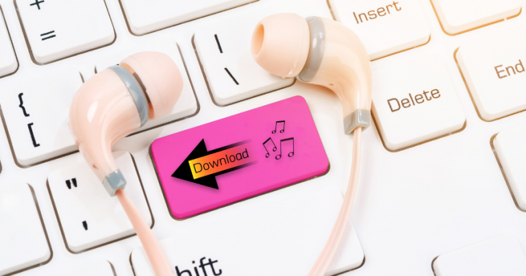 A keyword with headphones on it, highlighting a button that says download.