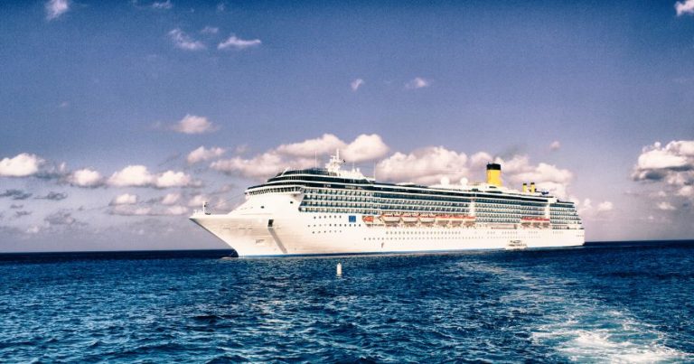 A cruise ship sailing in the ocean.