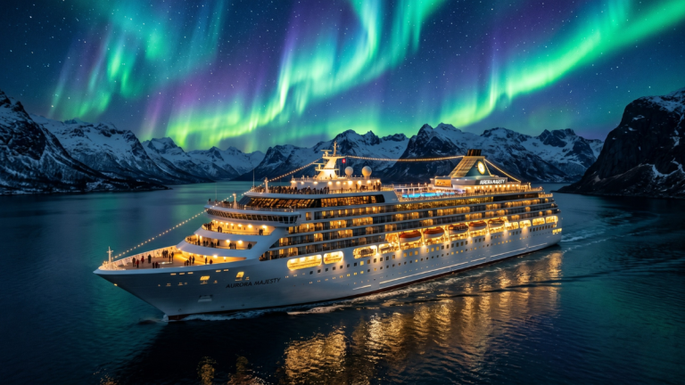 The Northern Lights over a small coastal town.