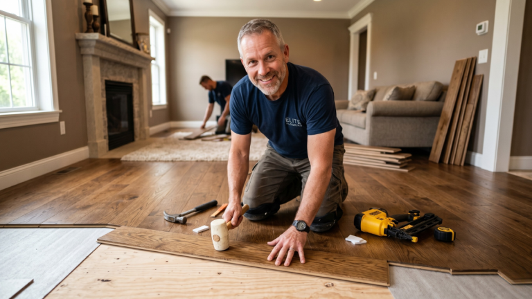 Contractor installing flooring